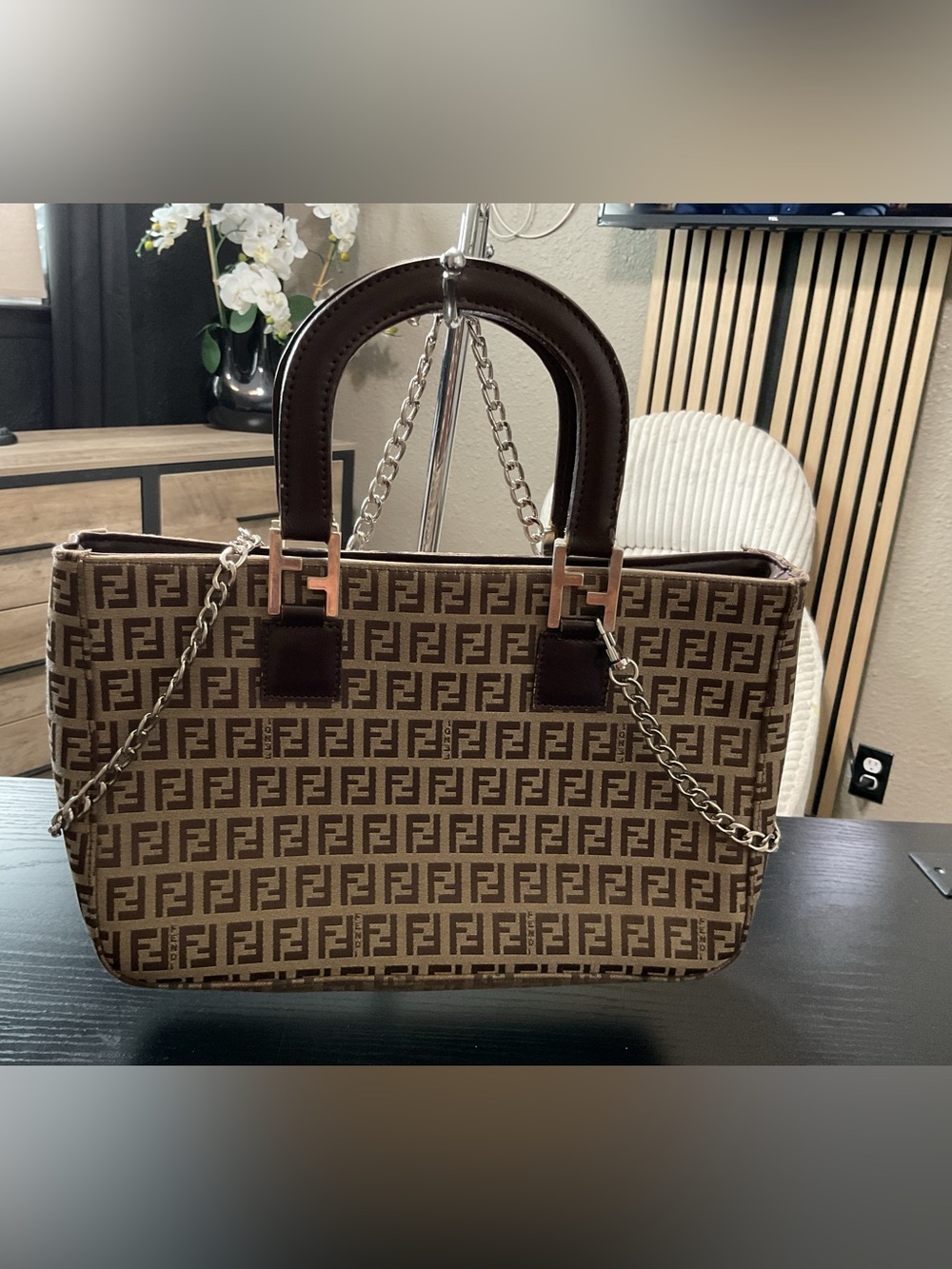 Fendi Brown FF Logo Canvas Satchel with Chain Strap